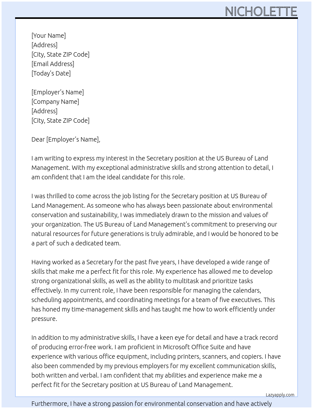 Secretary At US Bureau of Land Management Cover Letter