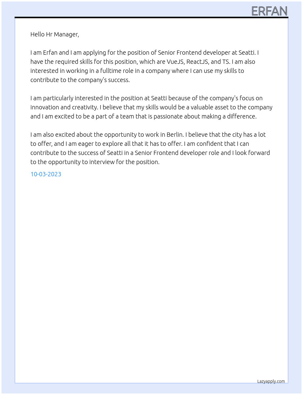 Senior Frontend developer At Seatti Cover Letter