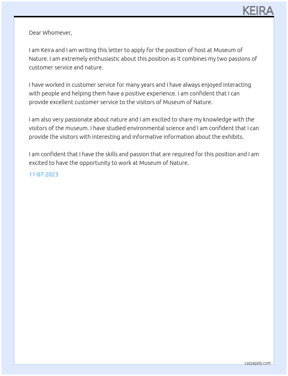 Host At Museum of Nature Cover Letter