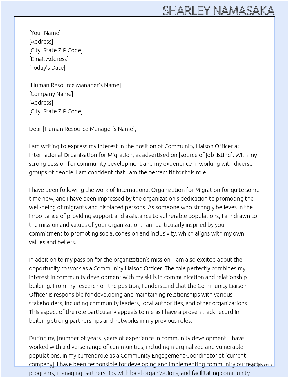 Community Liason Officer At International Organization for Migration Cover Letter