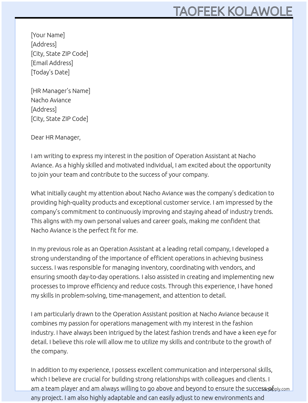 Operation Assistant At Nacho Aviance  Cover Letter