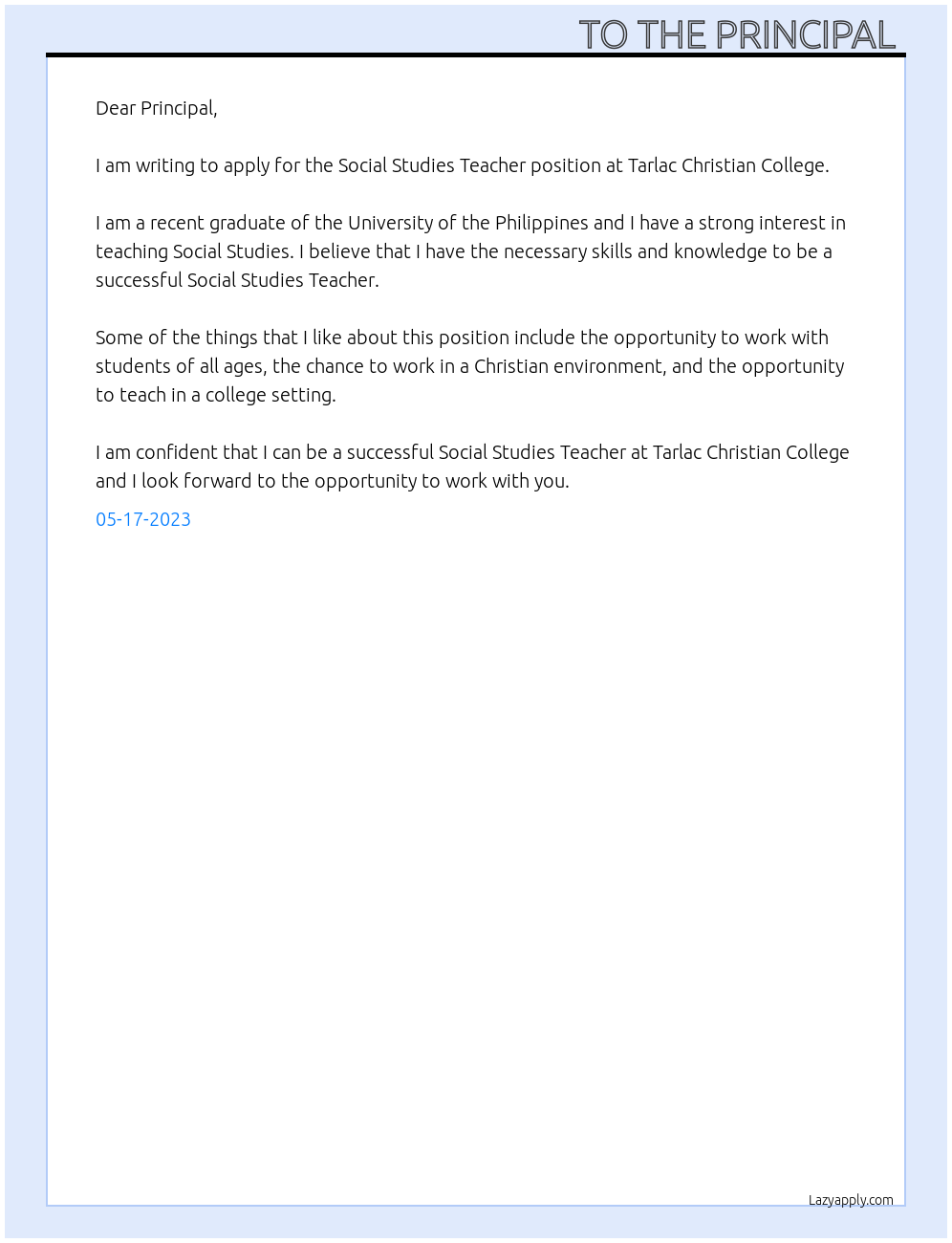 Social Studies Teacher At School Cover Letter