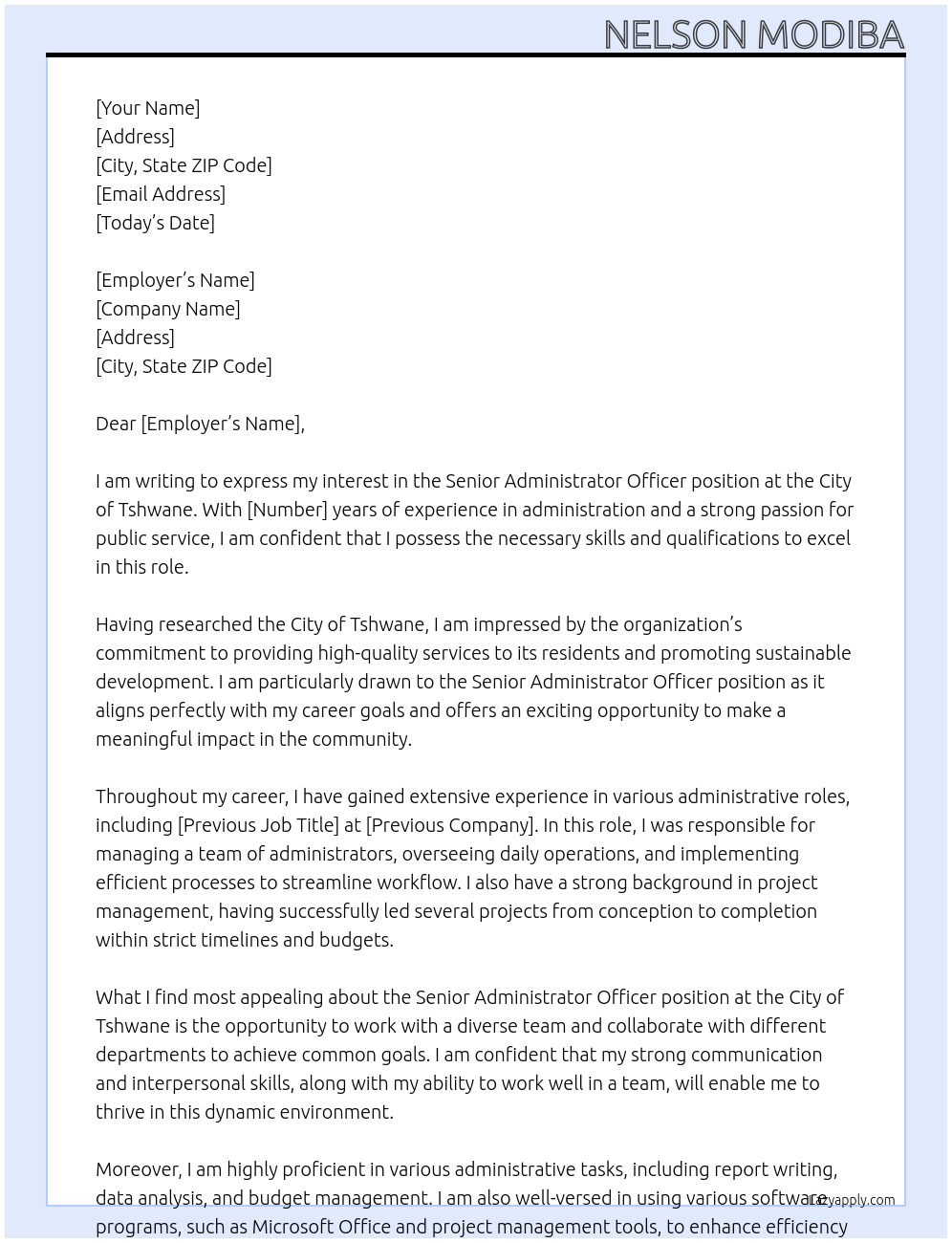 Senior Administrator Officer At city of tshwane Cover Letter