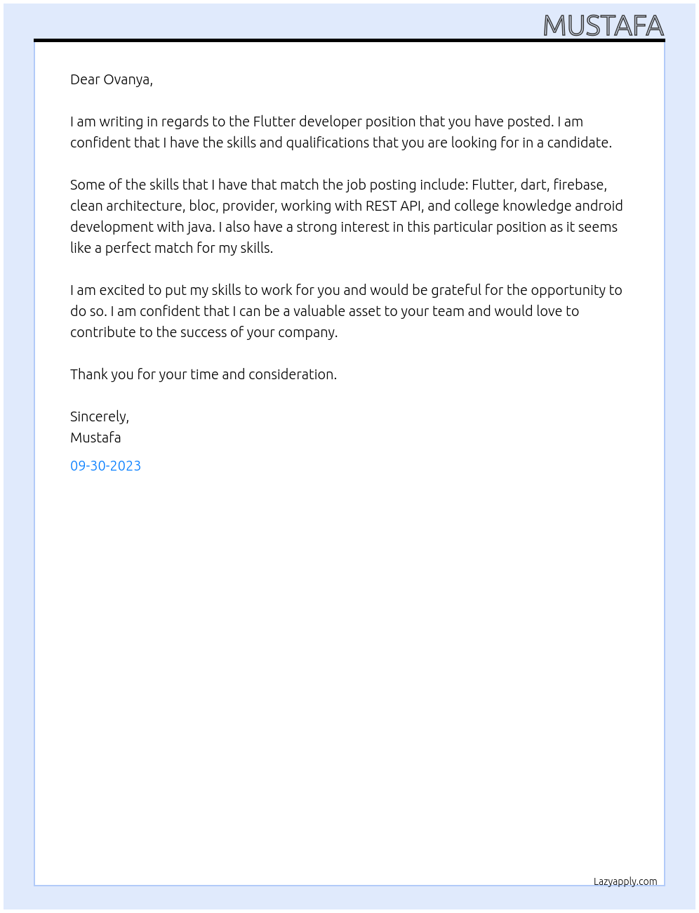 Flutter developer At Ovanya Cover Letter