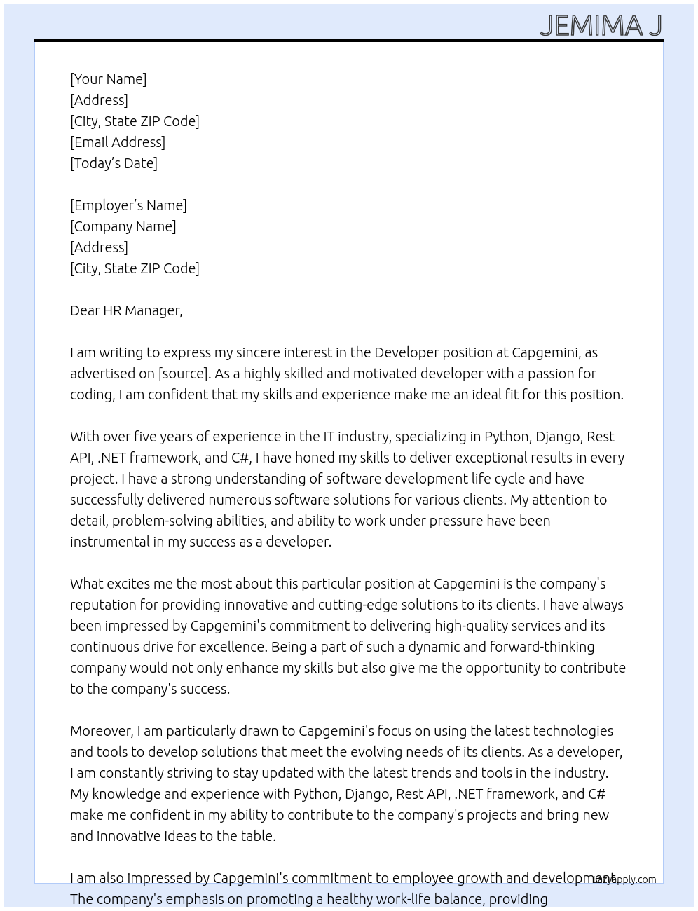 Developer At Capgemini Cover Letter