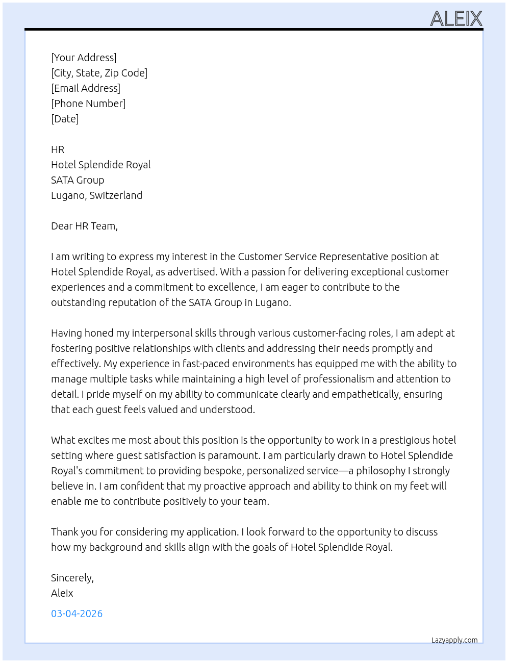 Customer Service Representative At SATA Group Cover Letter