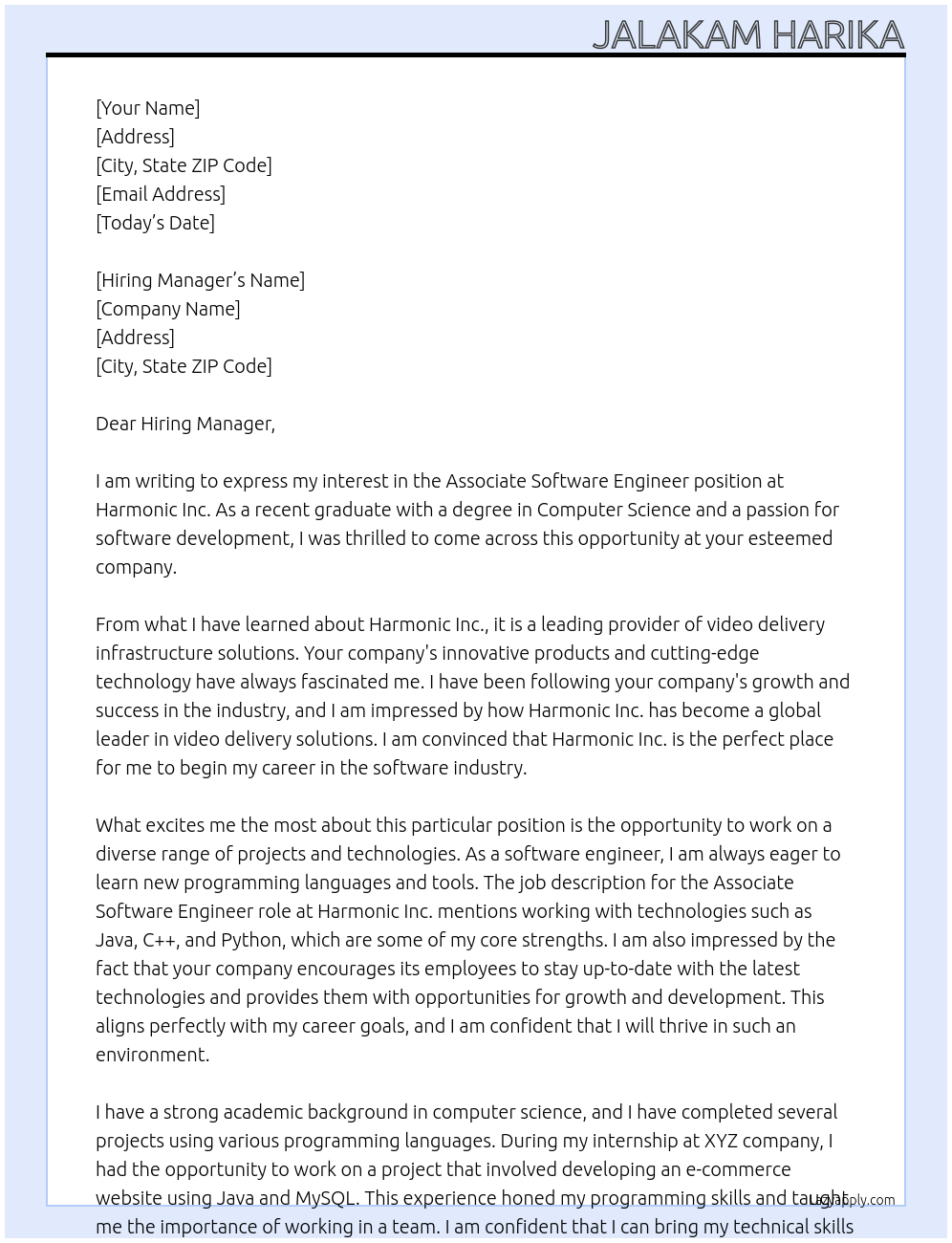 Associate software Engineer  At Harmonic Inc. Cover Letter