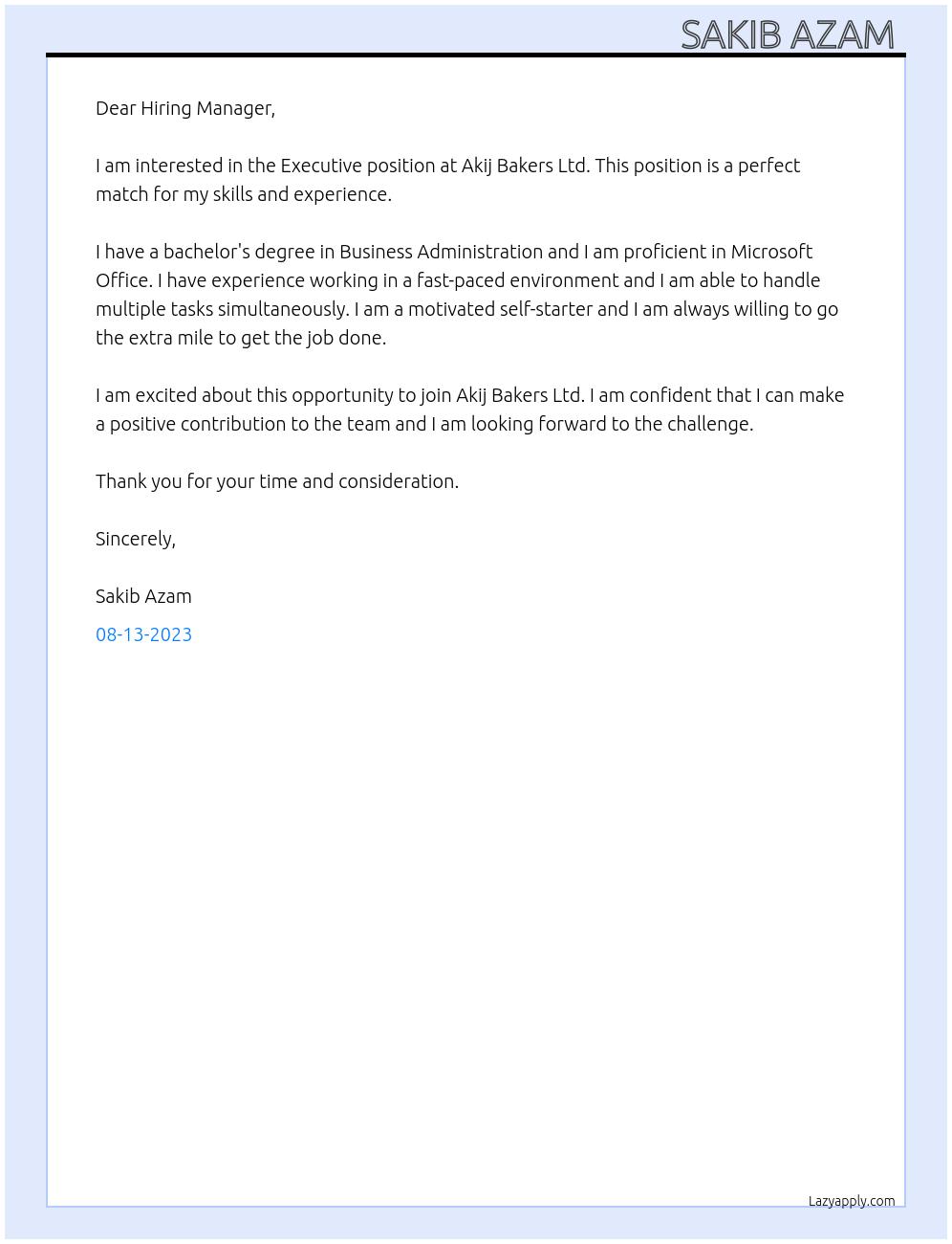 Executive At Akij Bakers Ltd Cover Letter