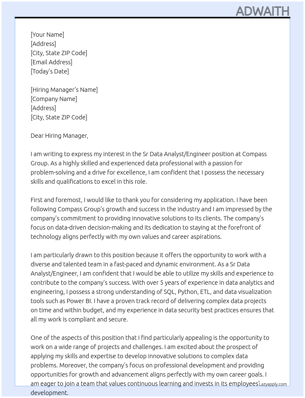 Sr Data Analyst/Engineer At Compass Group Cover Letter