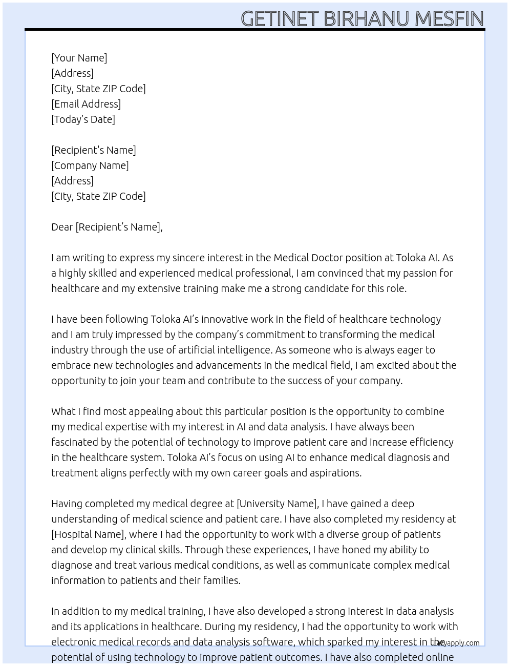 Medical Doctor At Toloka AI Cover Letter