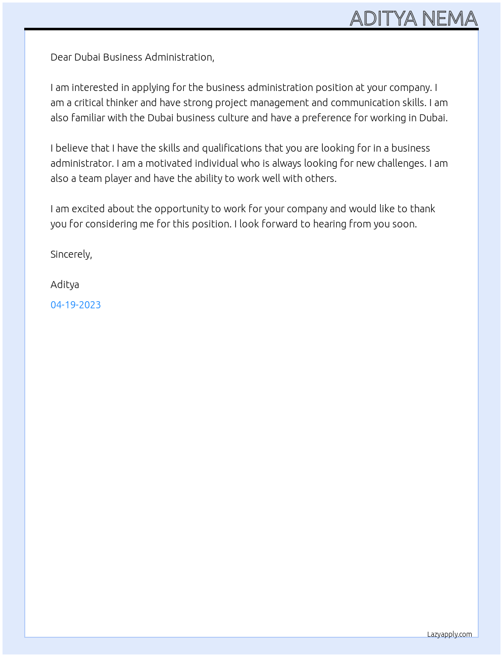 business administration At Dubai business administration Cover Letter