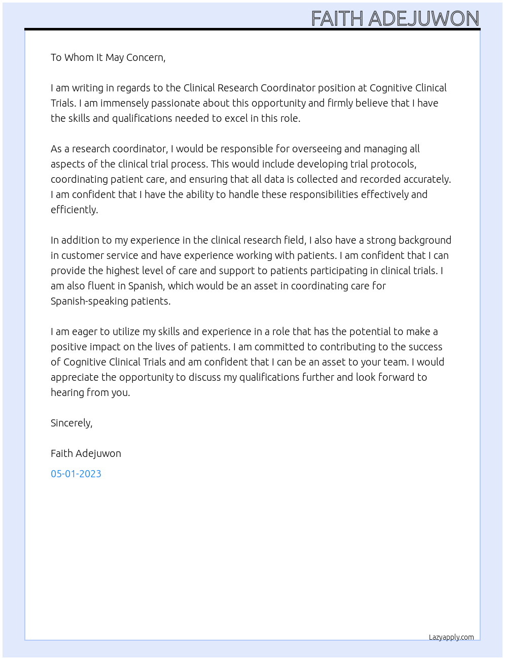 Clinical research coordinator At Cognitive Clinical Trials Cover Letter