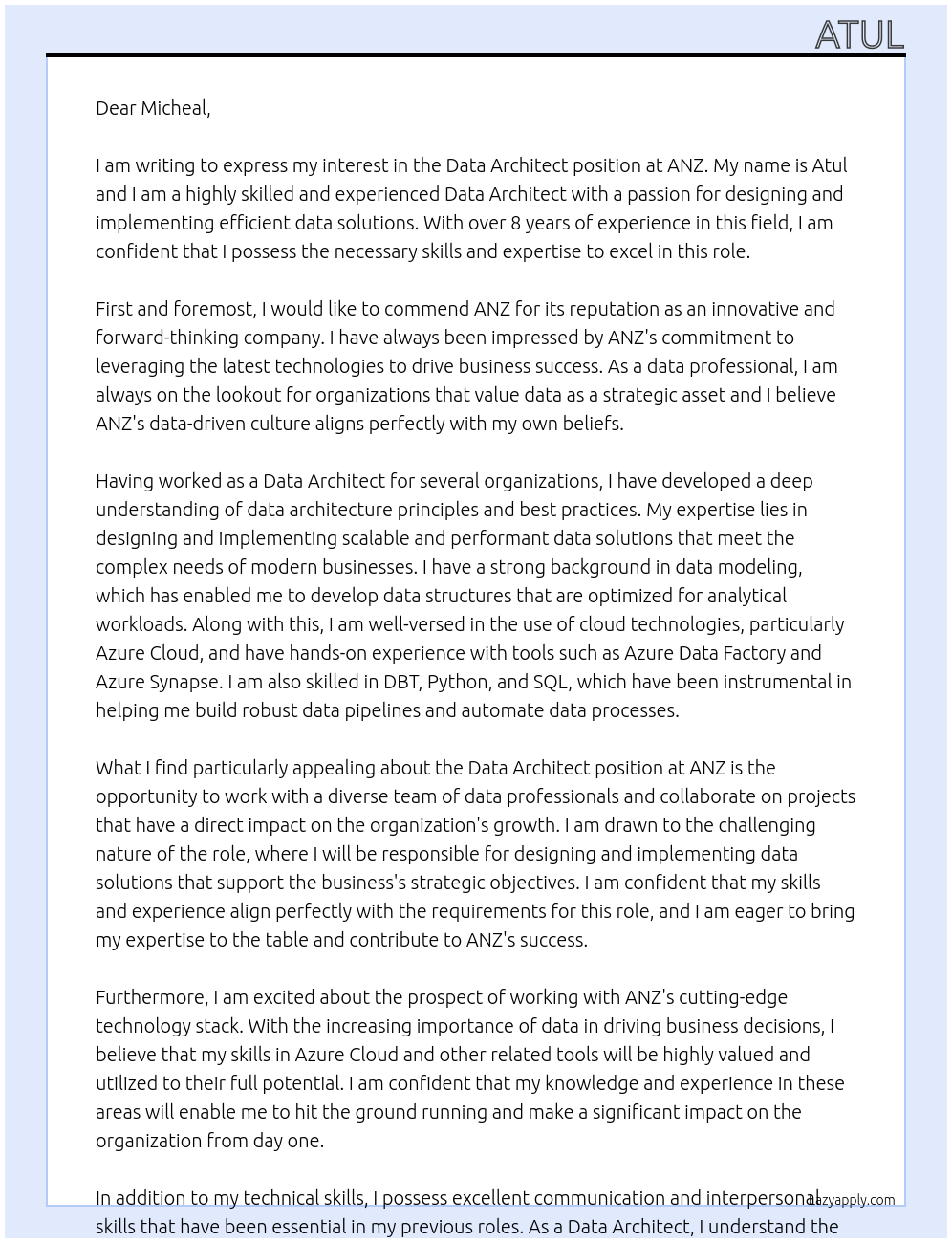 Data Architect At ANZ Cover Letter