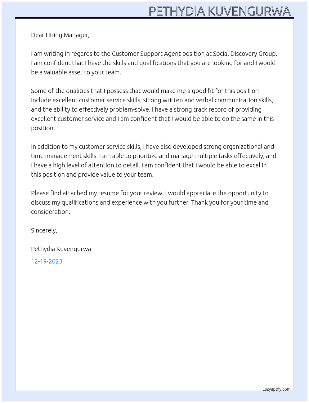 Customer Support Agent At Social Discovery Group Cover Letter