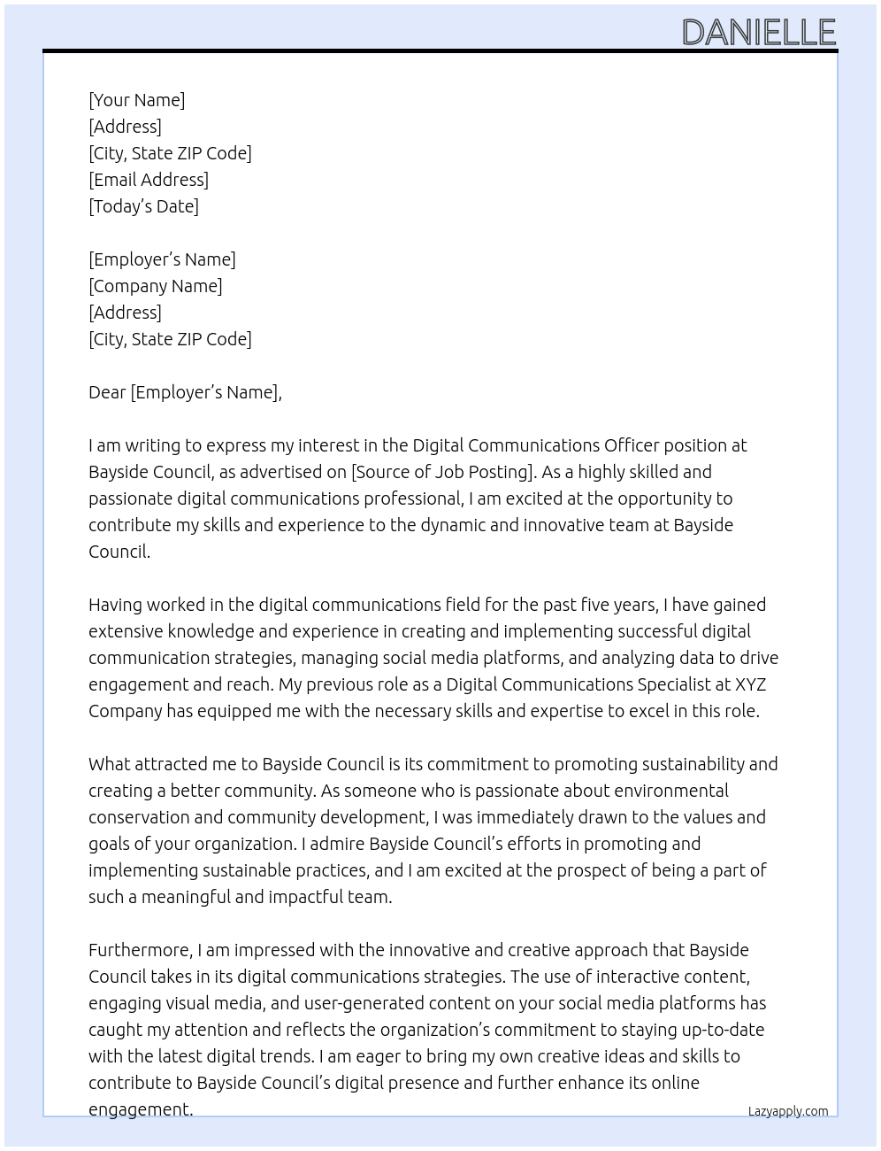 Digital Communications Officer At Bayside Council Cover Letter