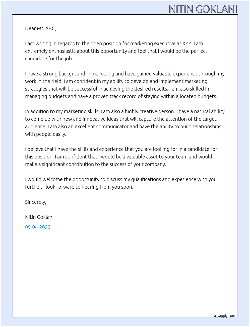 marketing executive At XYZ Cover Letter