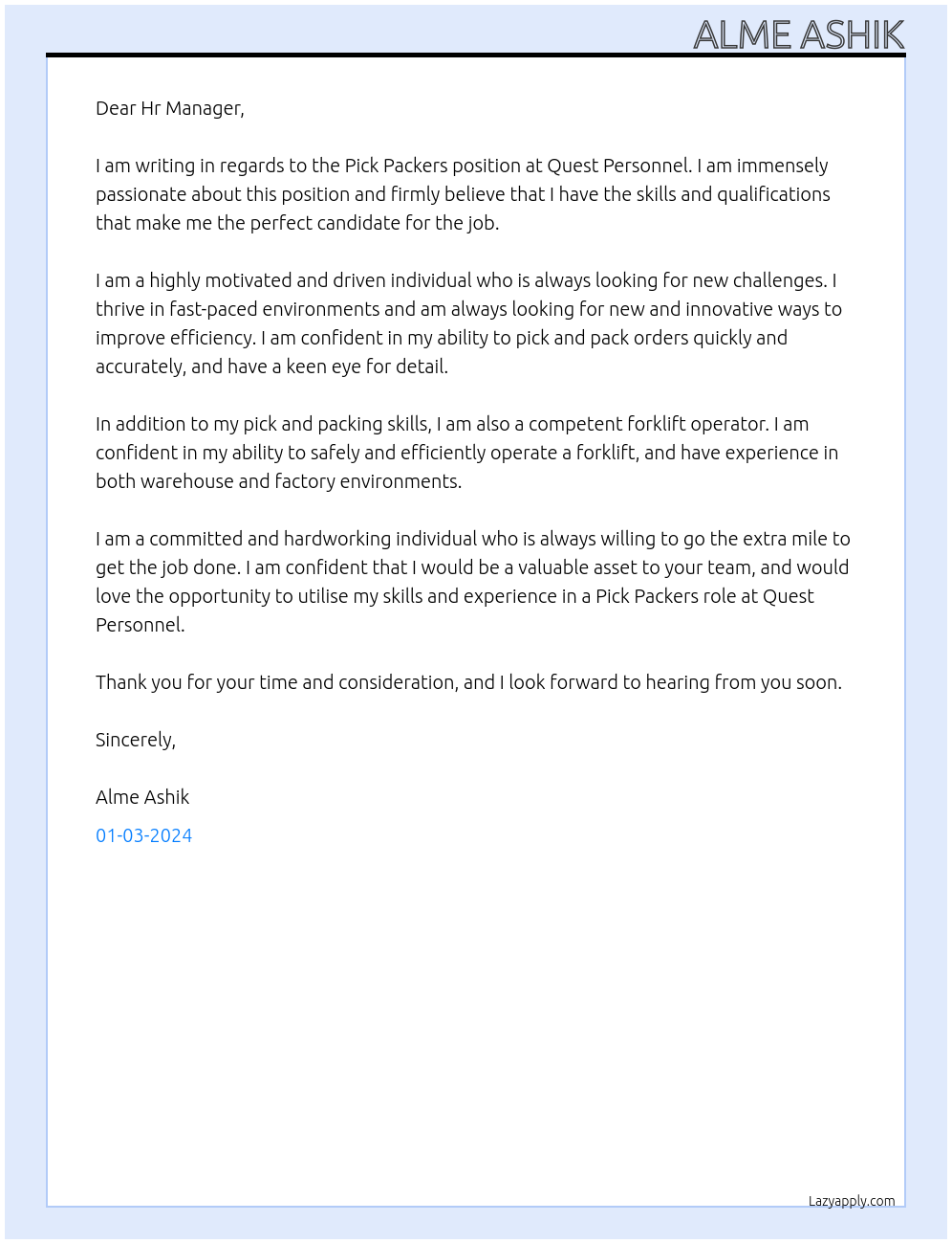 Pick Packers At Quest Personnel Cover Letter