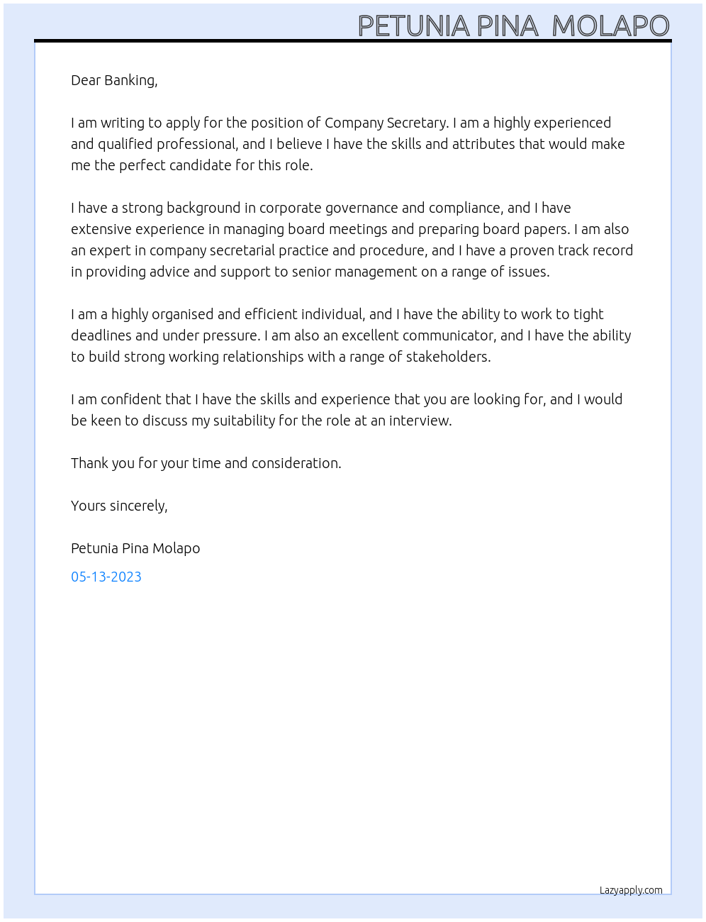 Company Secretary At Banking Cover Letter