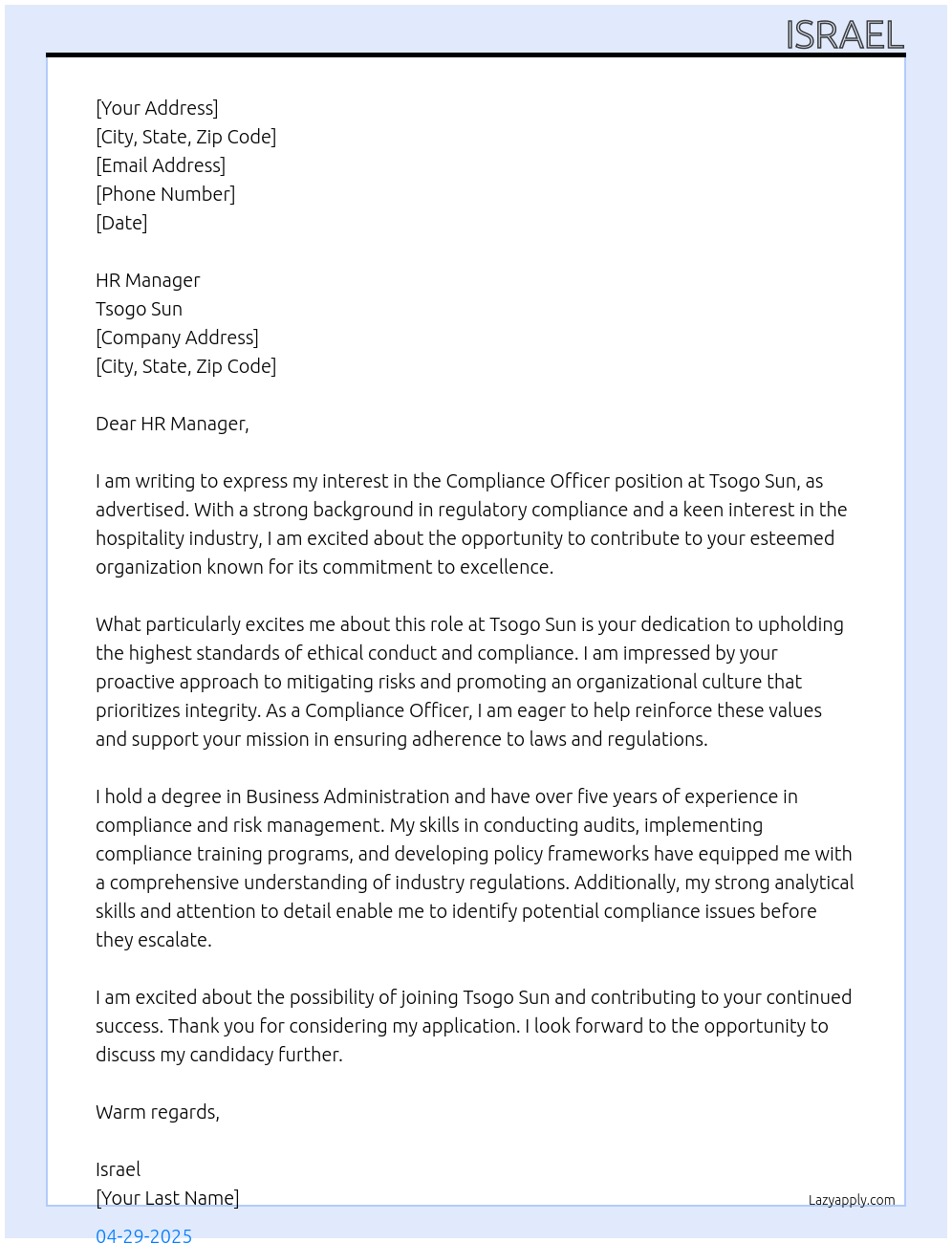 Compliance Officer At Tsogo sun Cover Letter