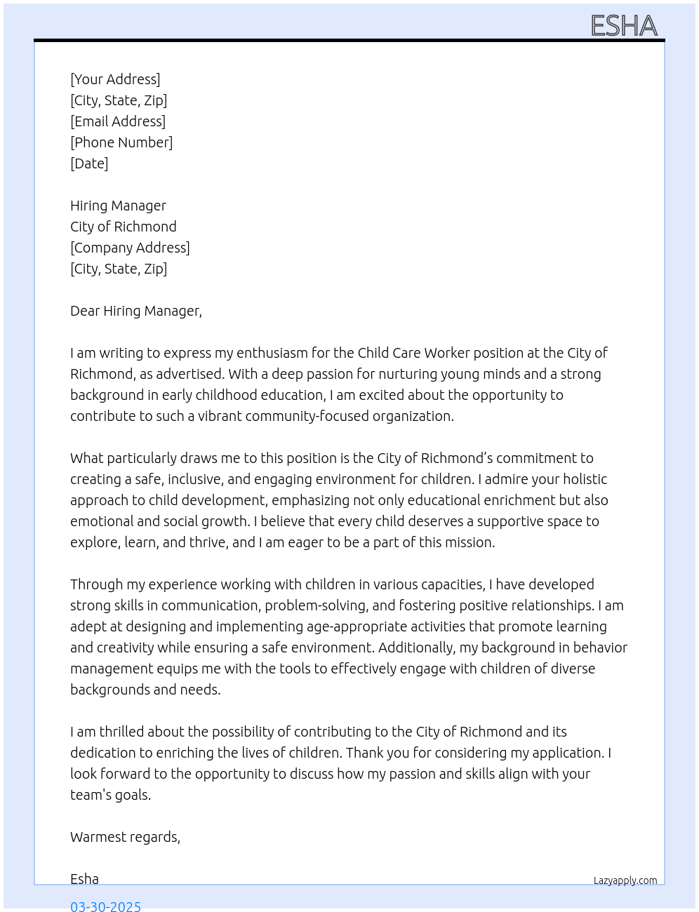Child care worker At City of Richmond Cover Letter