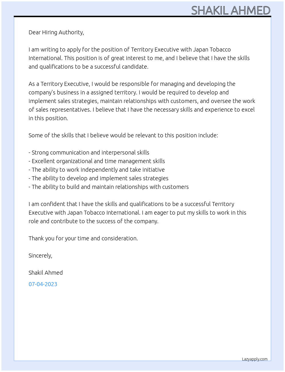 Territory Executive At Japan Tobacco International Cover Letter