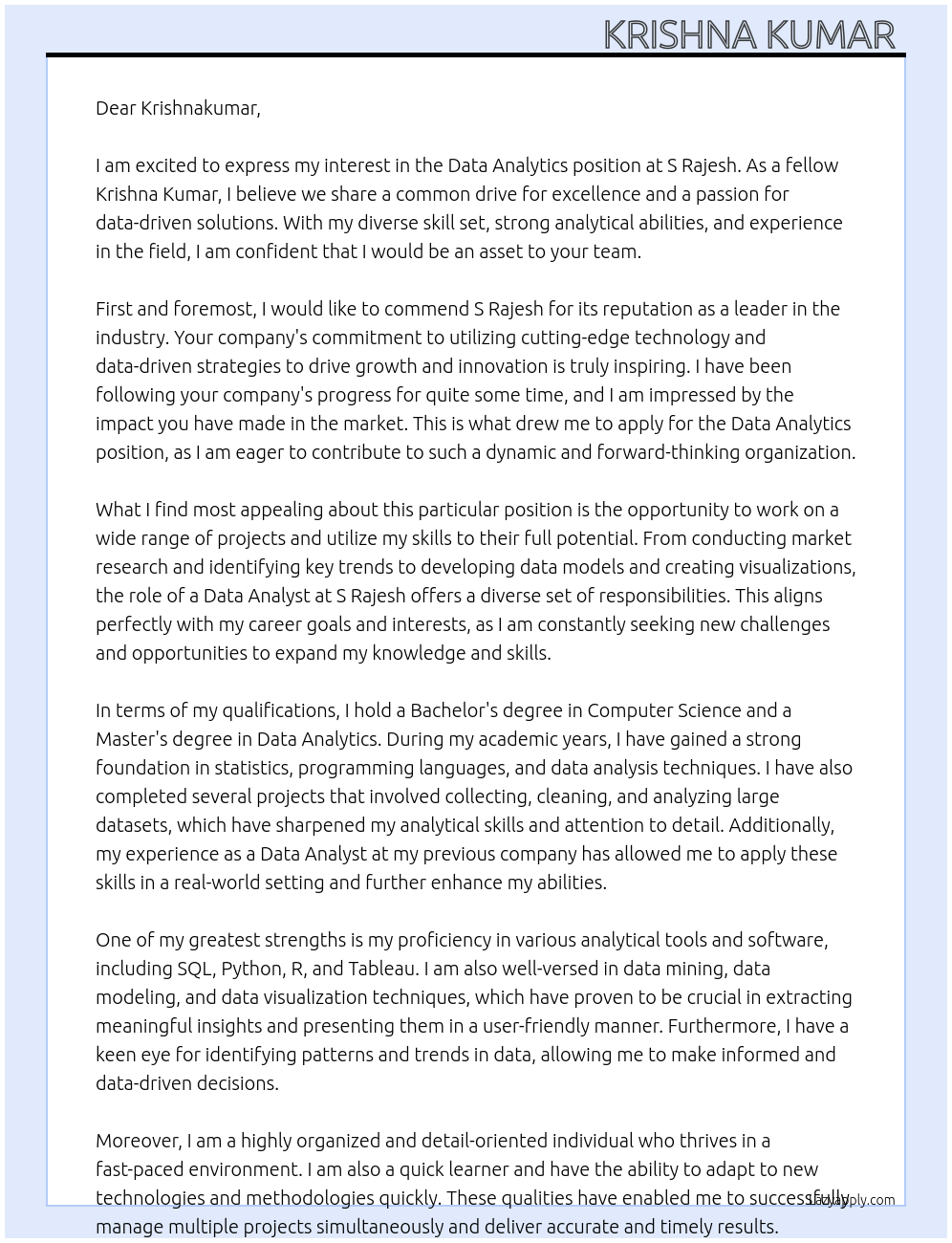 Data Analytics  At S Rajesh Cover Letter