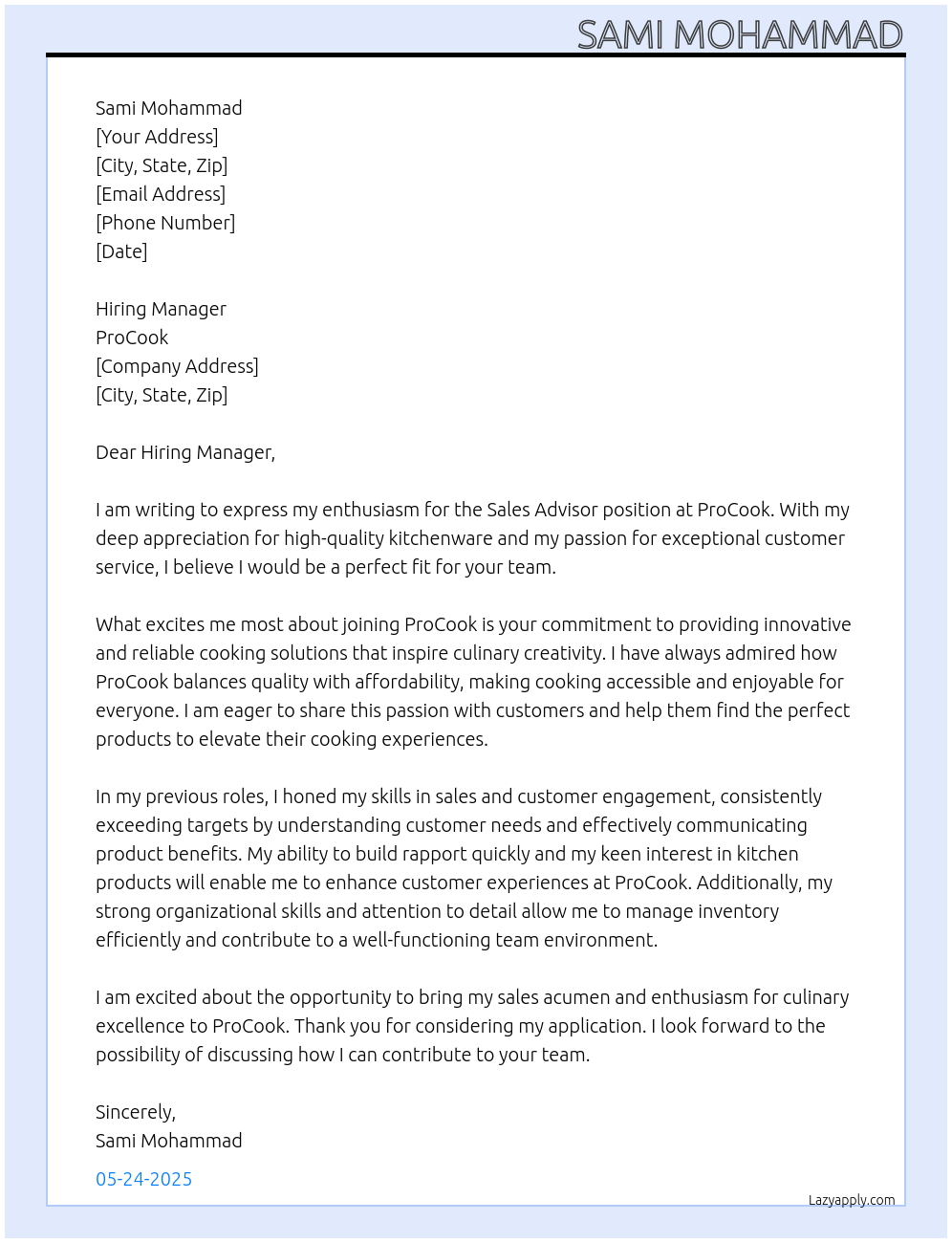Sales Advisor At ProCook Cover Letter