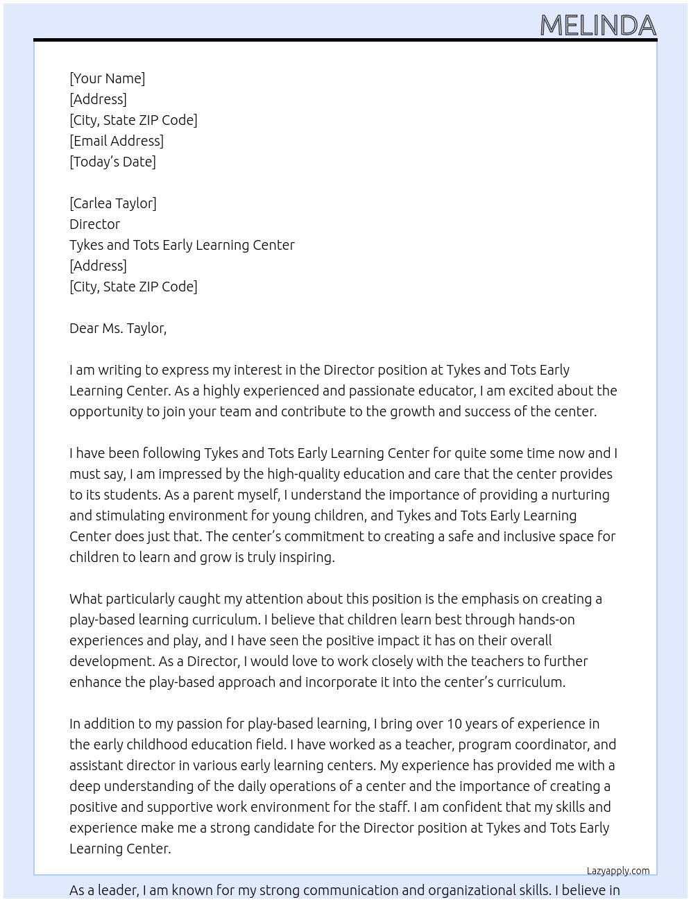Director At Tykes and Tots Early Learning Center Cover Letter