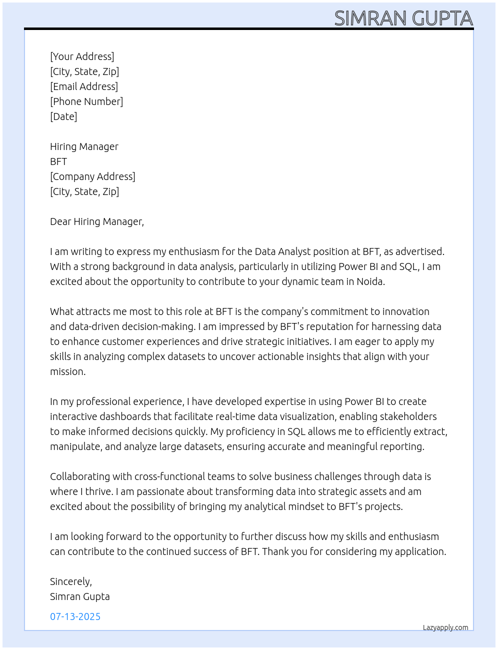 Data Analyst At BFT Cover Letter