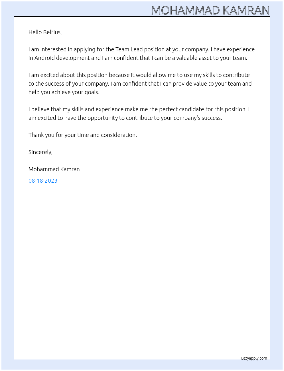 Team Lead At Belfius Cover Letter