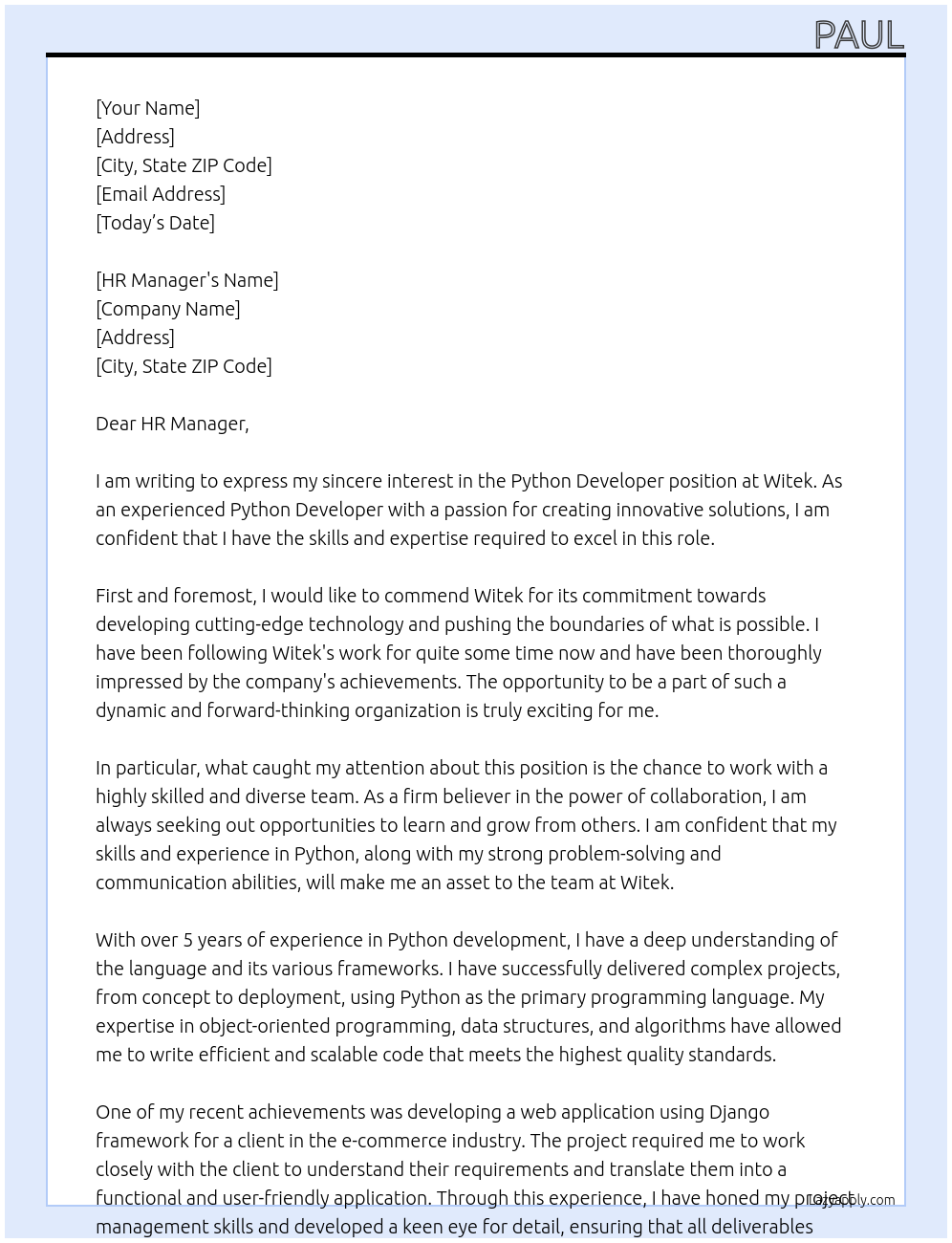 Python Developer At Witek Cover Letter