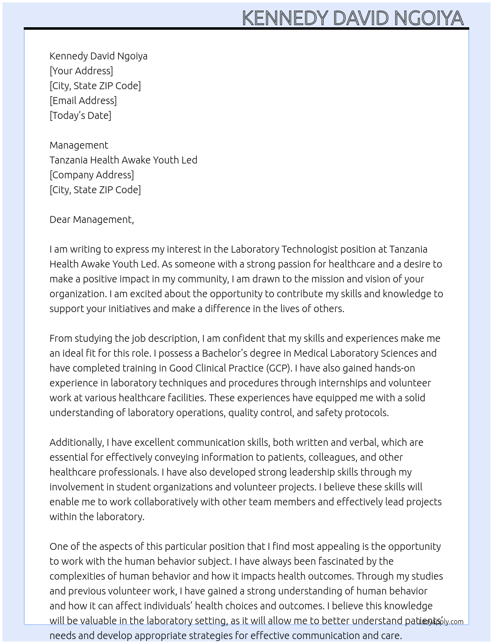 Laboratory technologist  At Tanzania health awake youth led  Cover Letter