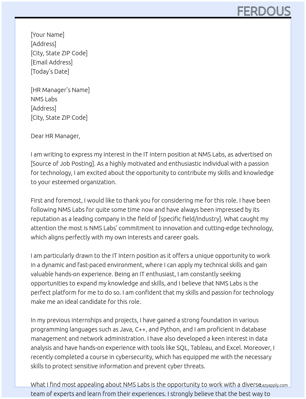 IT Intern At NMS Labs Cover Letter