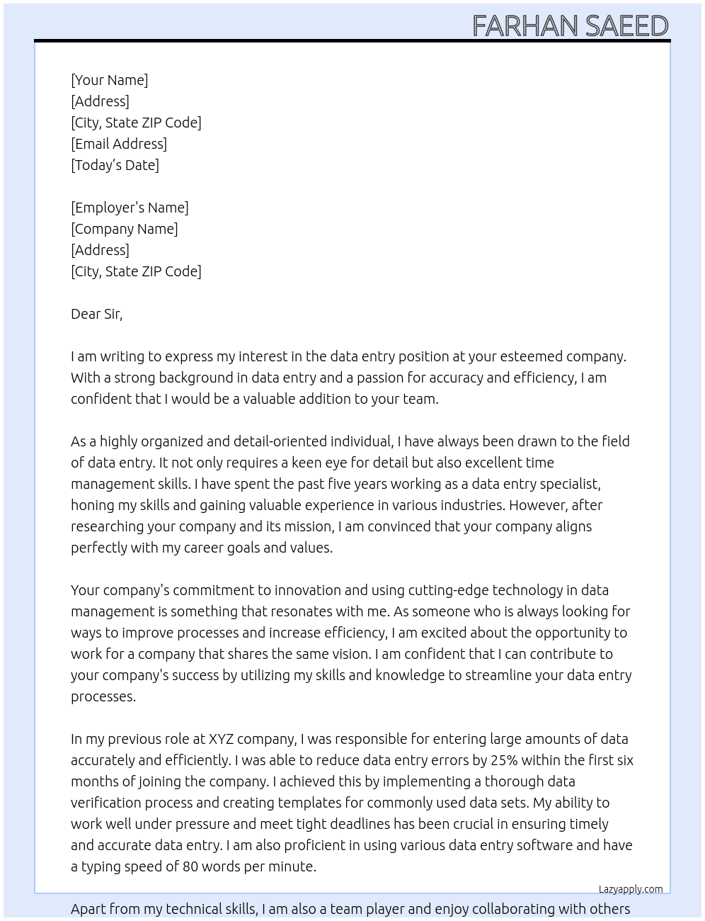 data entery At your company Cover Letter