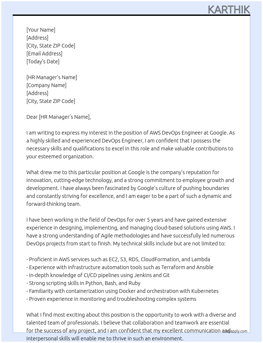 aws Devops engineer At google Cover Letter