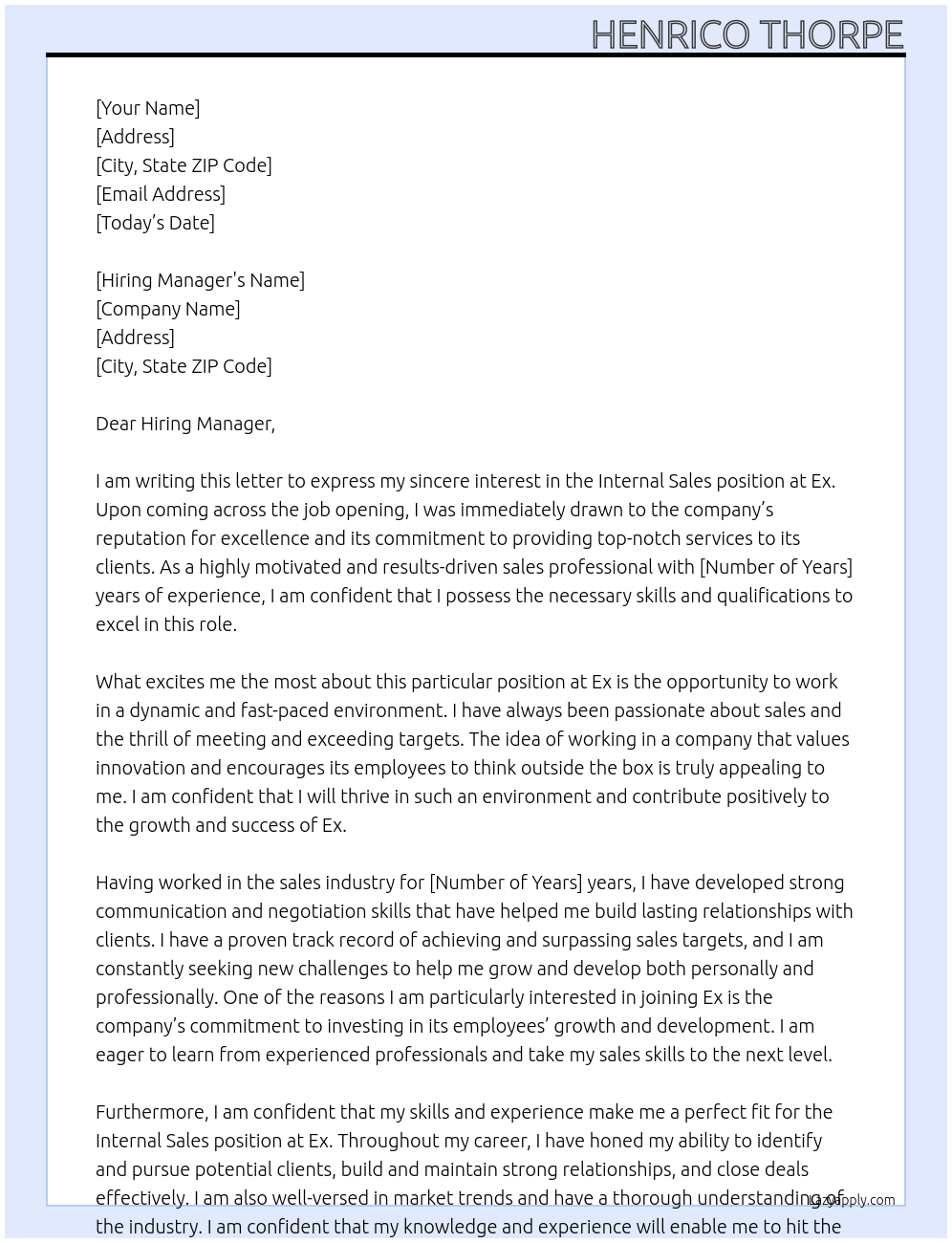 Internal sales At Ex Cover Letter