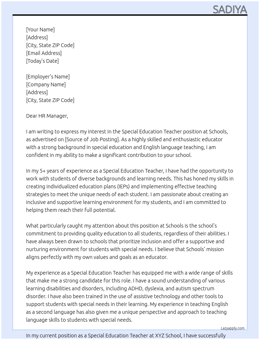 Special education teacher At Schools Cover Letter