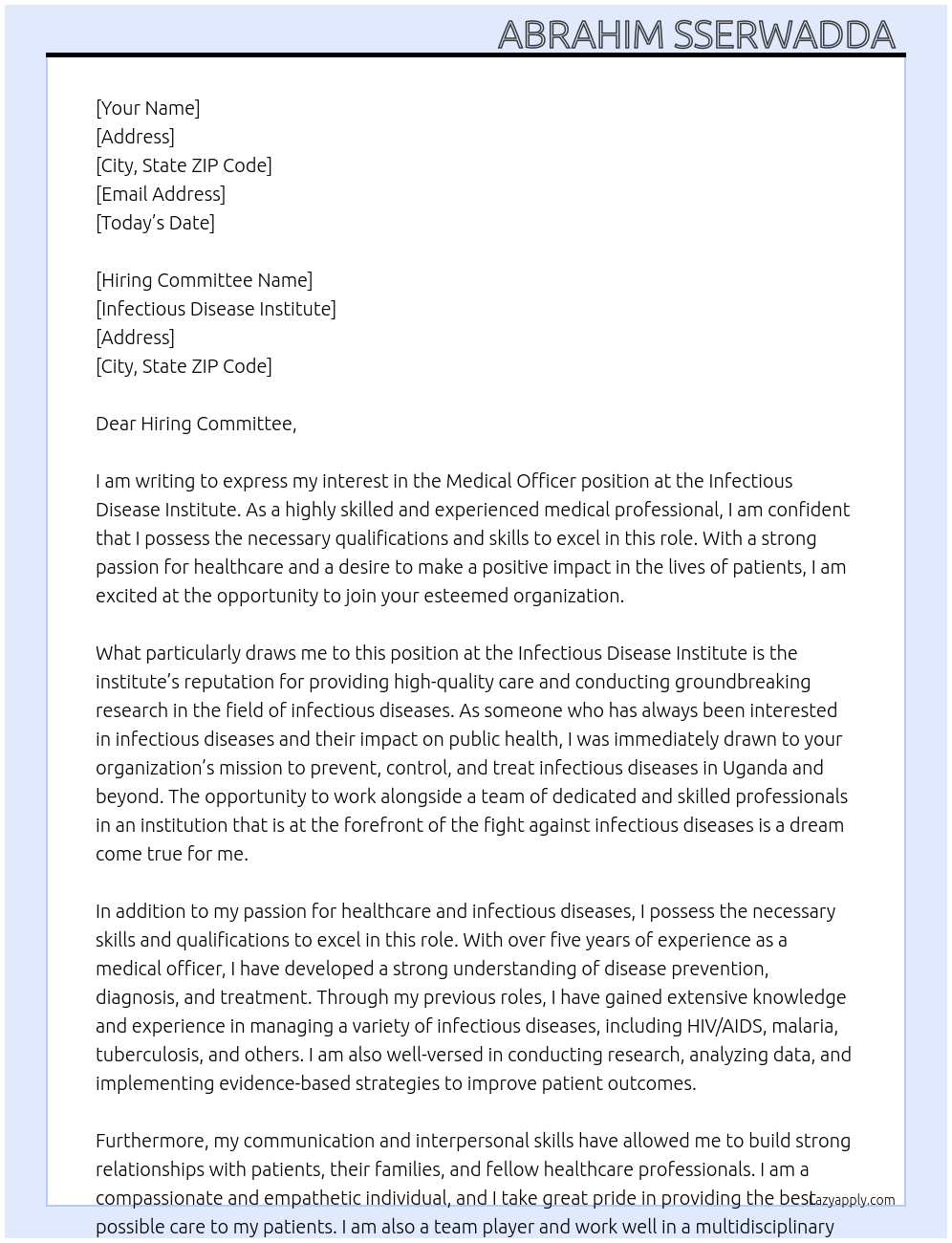 Medical officer  At Infectious disease institute  Cover Letter