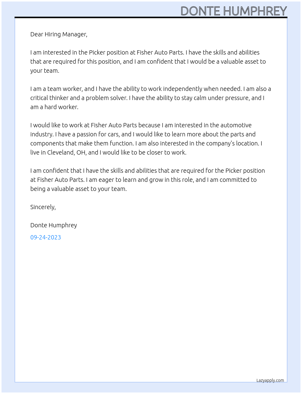 Picker At Fisher Auto Parts Cover Letter