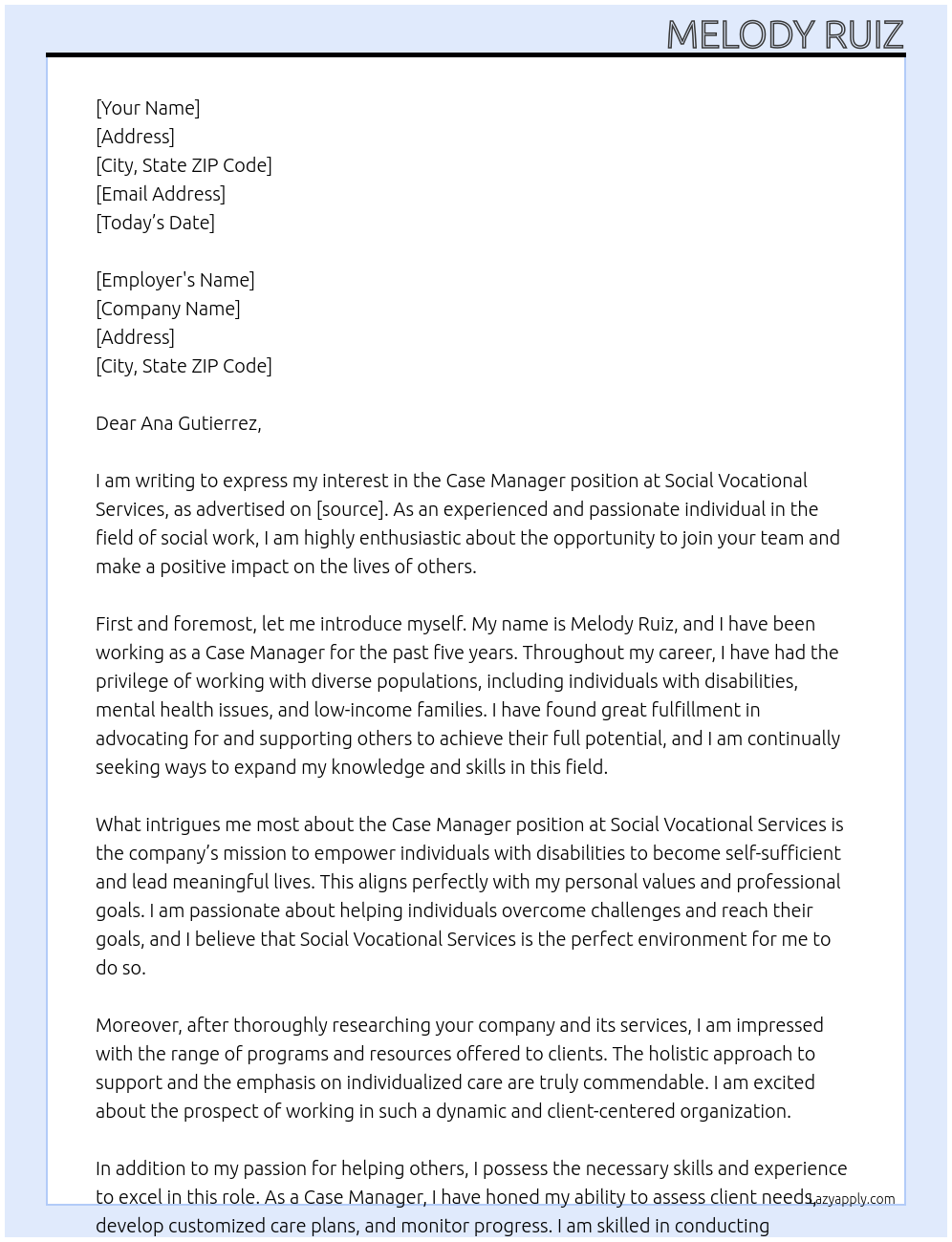 Case Manager At Social Vocational Services Cover Letter