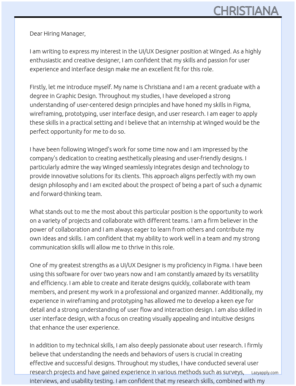 UI/UX Designer At Winged Cover Letter