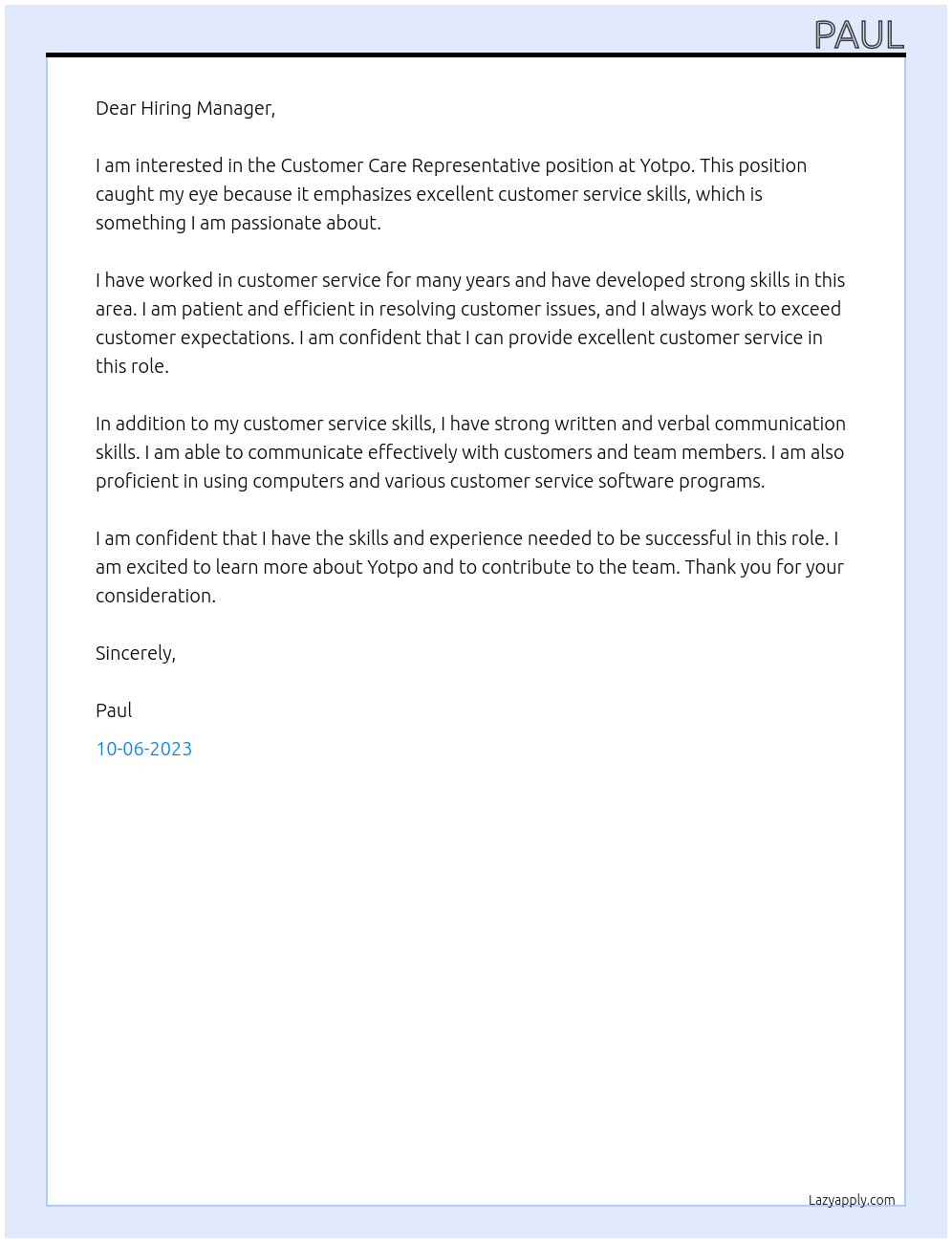 Customer Care Representative At Yotpo Cover Letter
