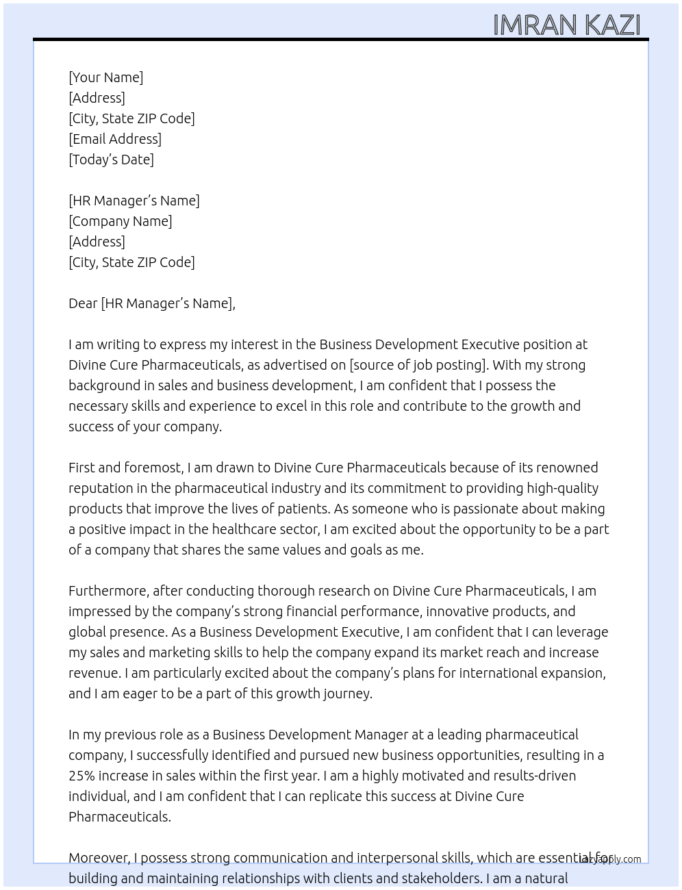 Business Development Executive At Divine Cure Pharmaceuticals Cover Letter