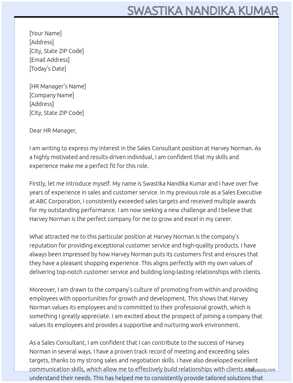 Sales Consultant At Harvey Norman Cover Letter