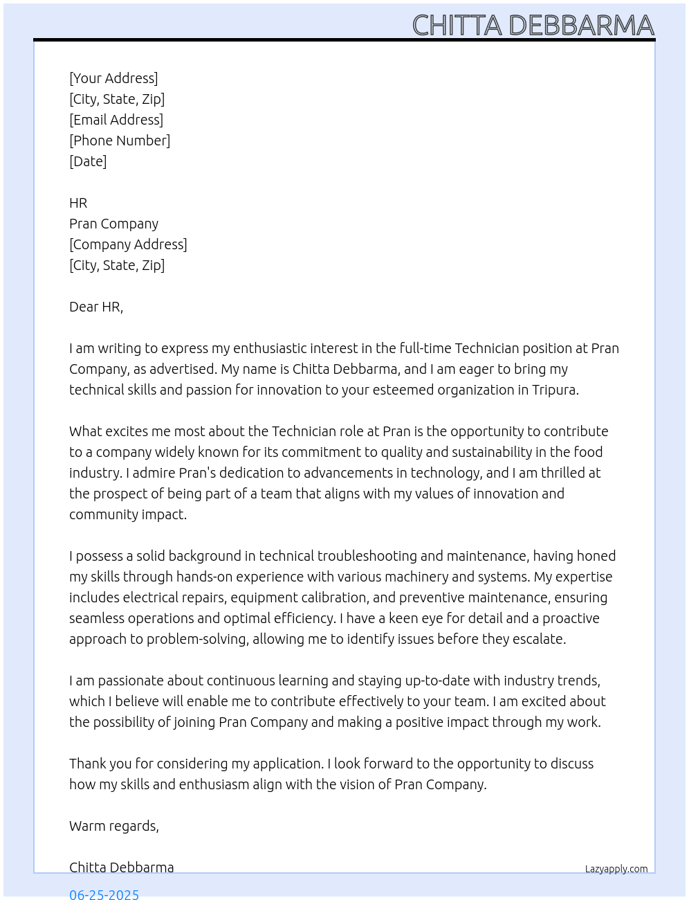 Technician At Pran company Cover Letter