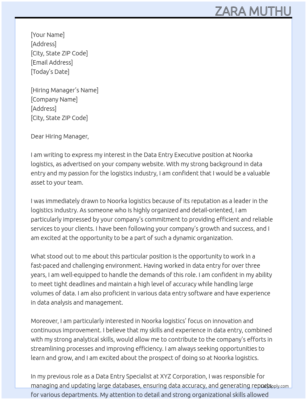 Data Entry Executive  At Noorka logistics Cover Letter