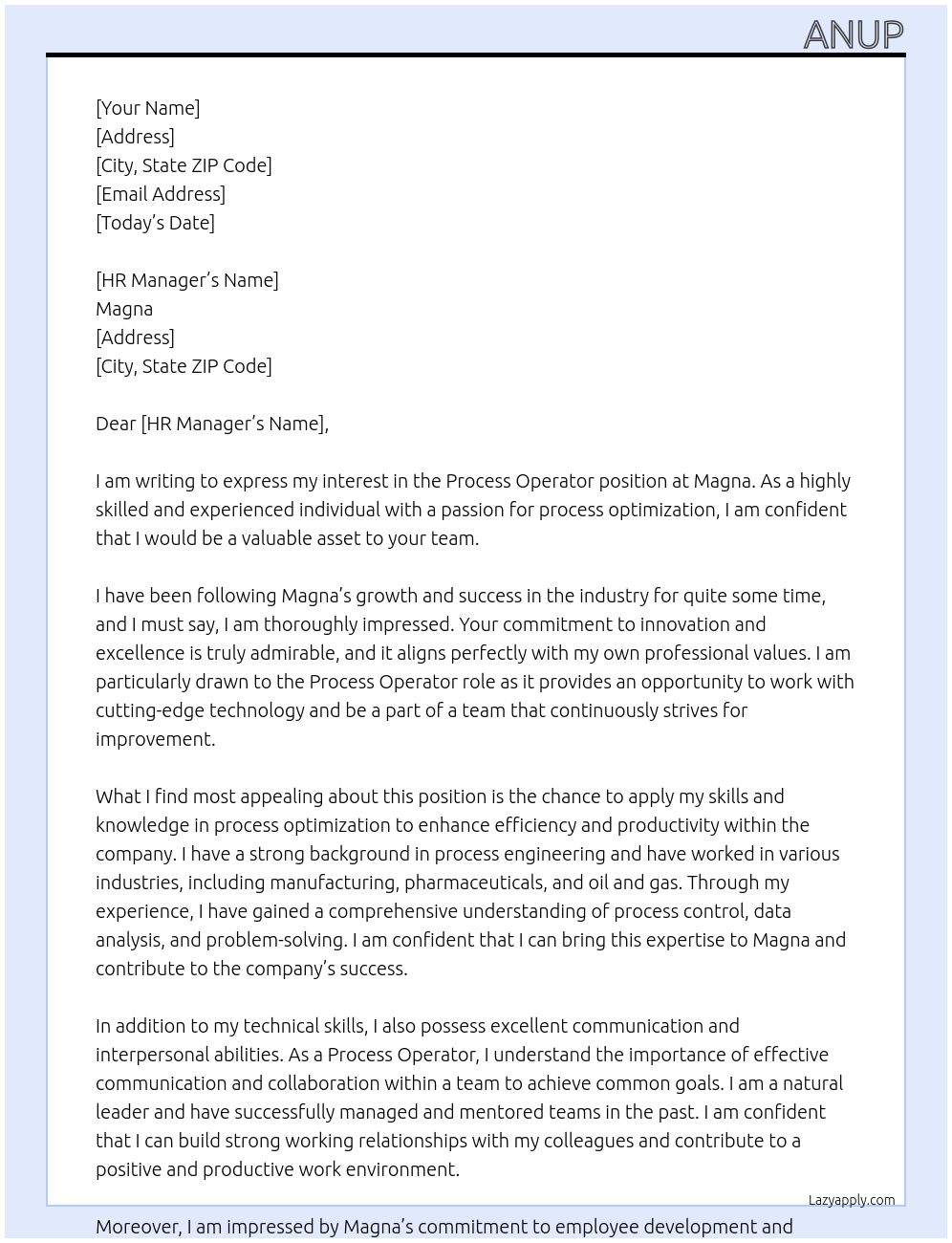 Process Operator At Magna Cover Letter