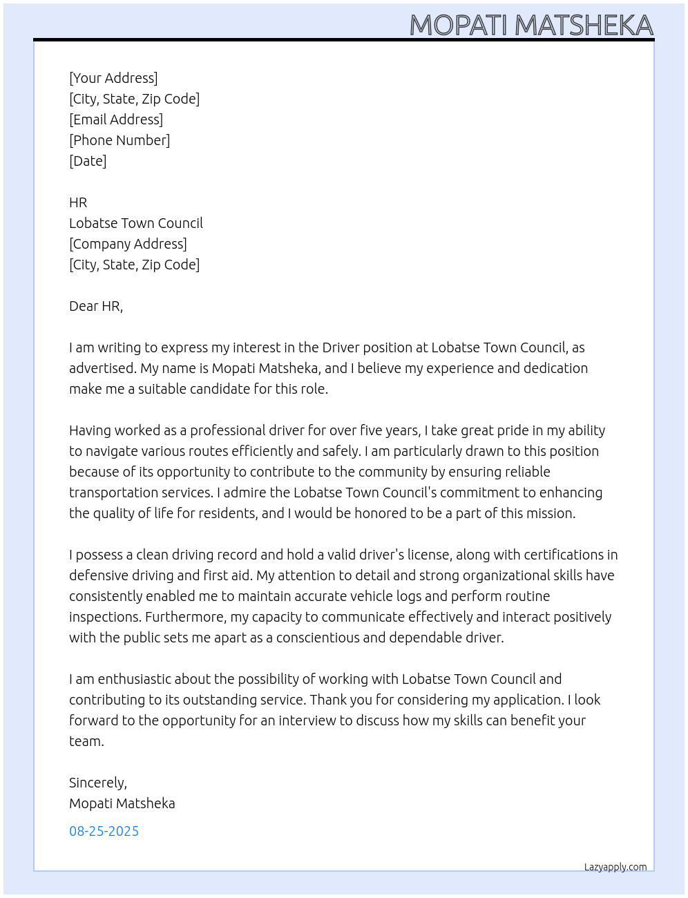 driver At Lobatse Town council Cover Letter
