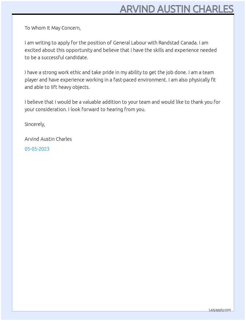 General Labour At Randstad Canada Cover Letter