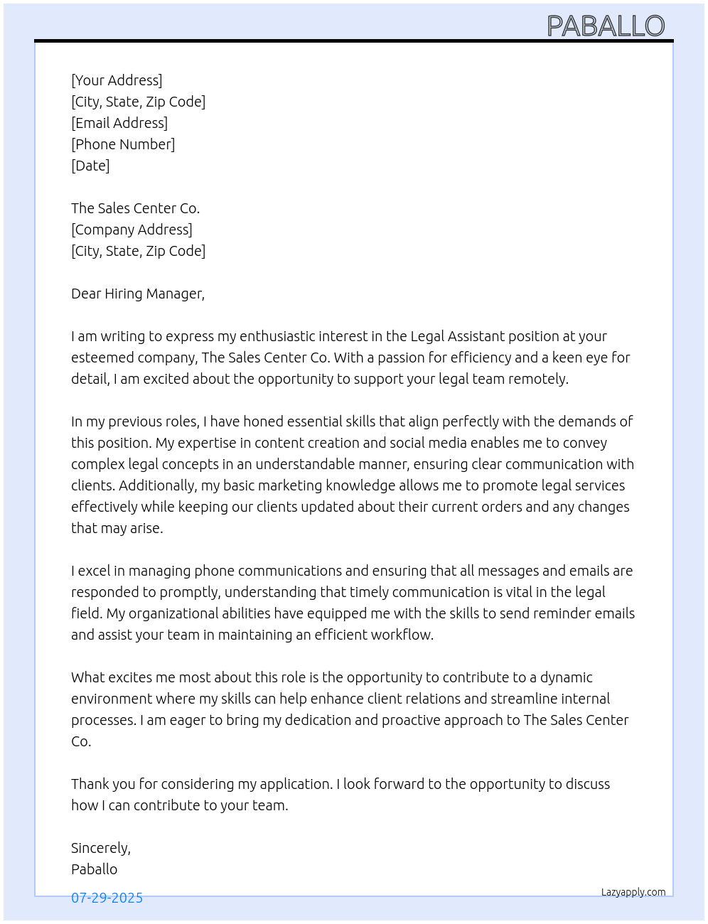 Legal Assistant At Unknown Cover Letter